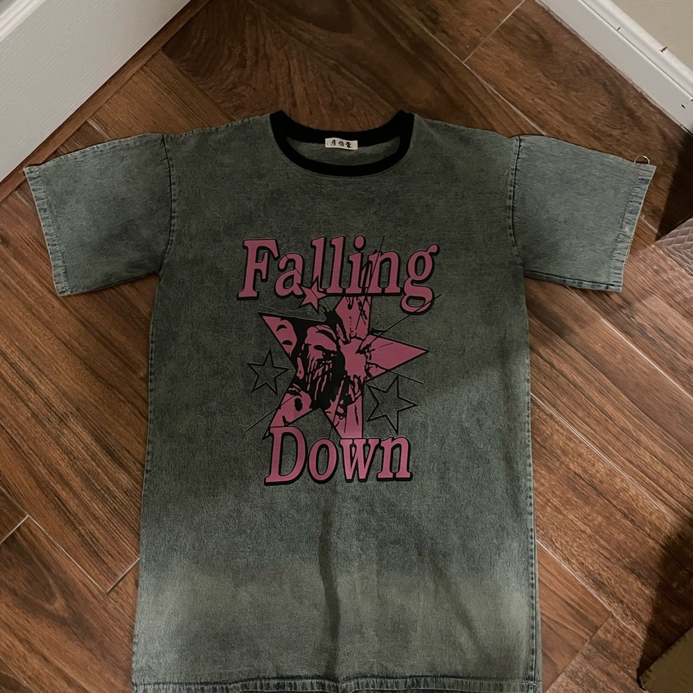 Falling Down Graphic Tee - Denim with Pink Print